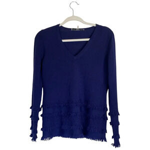 TRINA TURK Merino Wool Navy Blue Sweater Size Small Tassel Fringe